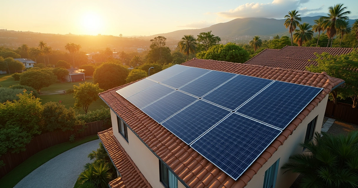 Placas solares instaladas em telhado de casa no Brasil. 
