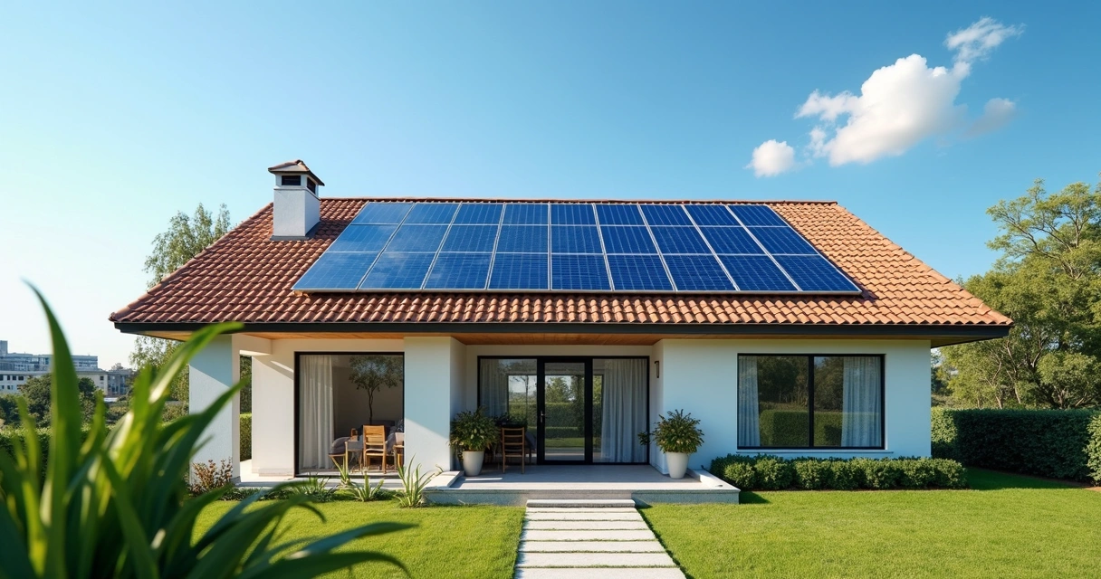Placas solares em telhado residencial com céu azul em Brasília 