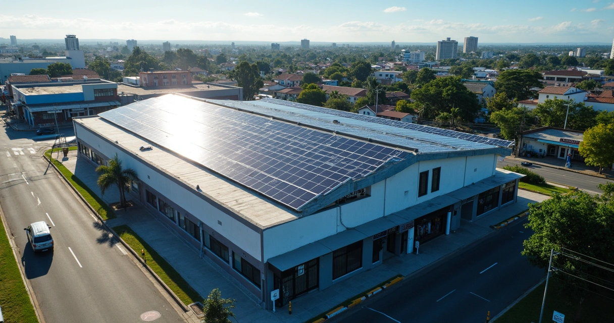 Placas solares instaladas no telhado de uma loja de médio porte 
