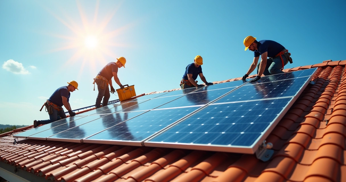 Instaladores posicionando placas solares no telhado de uma casa 