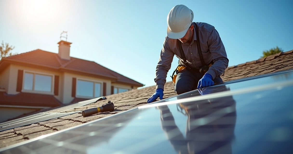 Técnico em manutenção de placas solares no telhado 