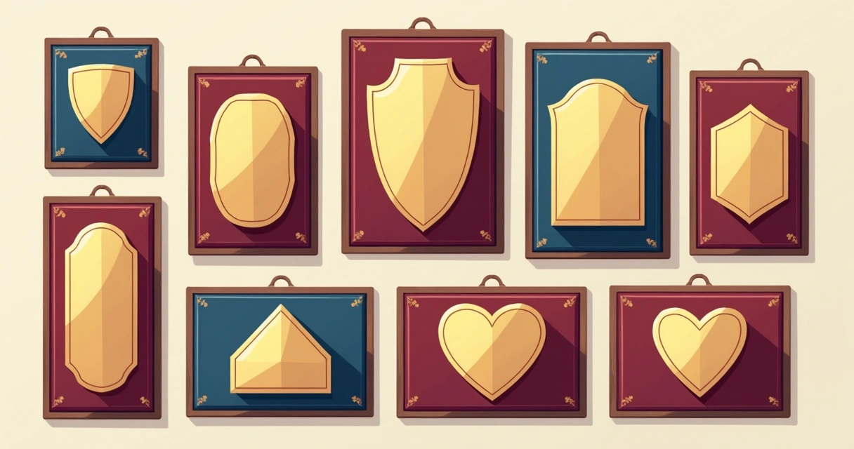 Diversos tamanhos e formatos de placas de homenagem sobre mesa de apresentação. 