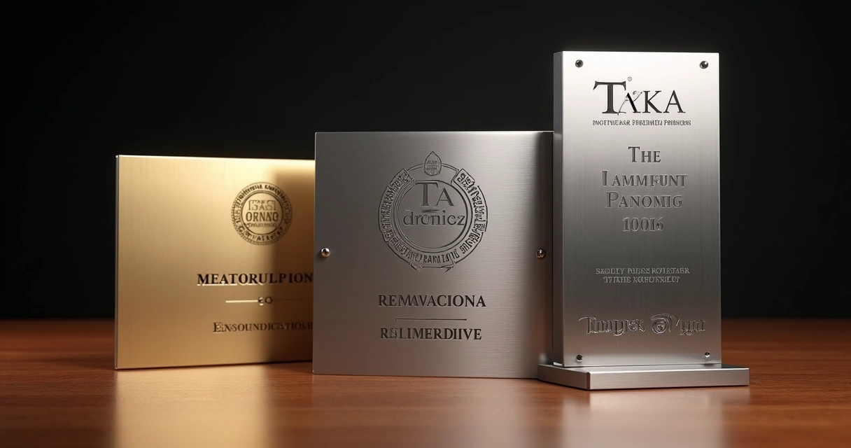 Diferentes modelos de placas corporativas em aço, acrílico e latão dispostos em uma mesa 