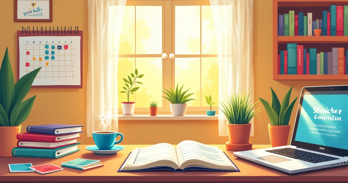 Illustration of a study plan with a notebook, calendar, and study tools in a cozy room.