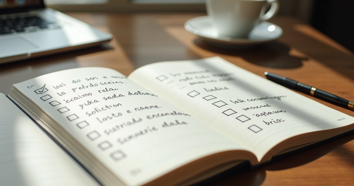 Cuaderno abierto con un plan diario escrito a mano y una taza al lado 
