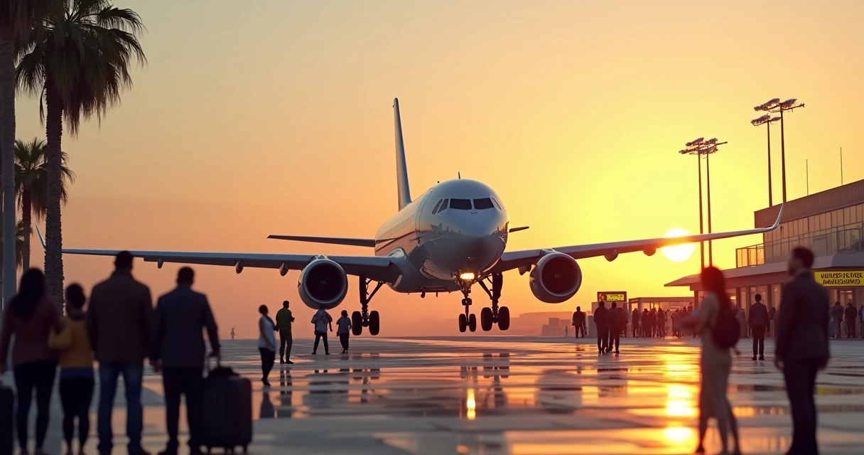 Avião pousando em aeroporto dos EUA com área de imigração ao fundo 