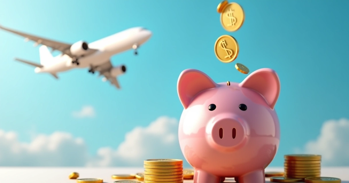 Cofrinho rosa com moedas douradas caindo dentro e avião branco voando ao fundo 