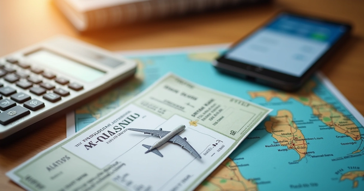 Passagem aérea e calculadora sobre mesa para planejar custo de férias em Orlando
