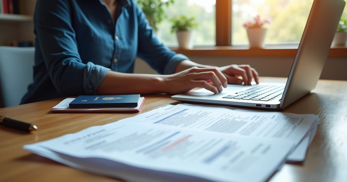 Pessoa organizando documentos e plano de mudança internacional em escritório com laptop e papéis 