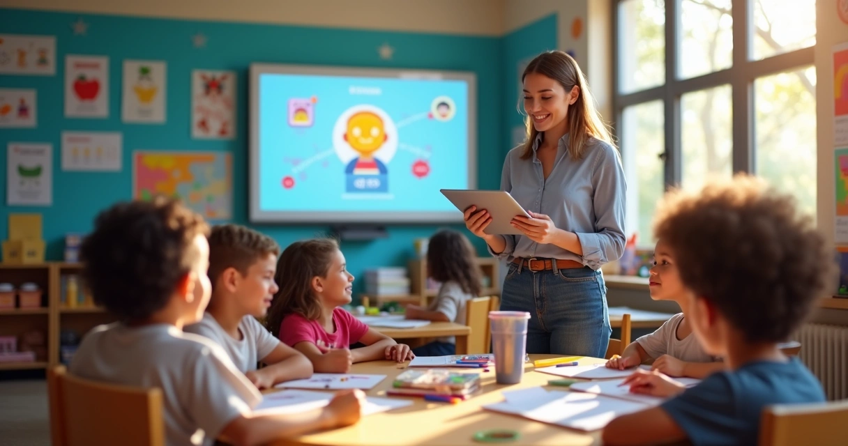 Professor usando robô pedagógico em sala de aula com alunos 