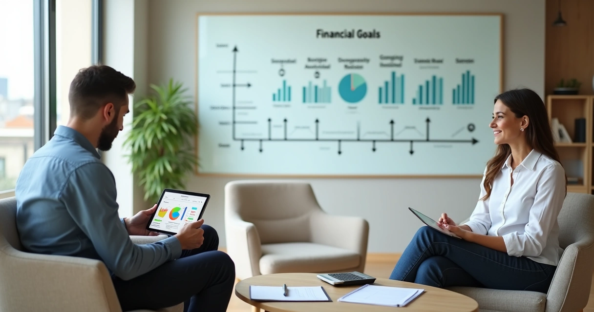 Planejador financeiro em reunião com cliente usando quadro de metas e gráficos 