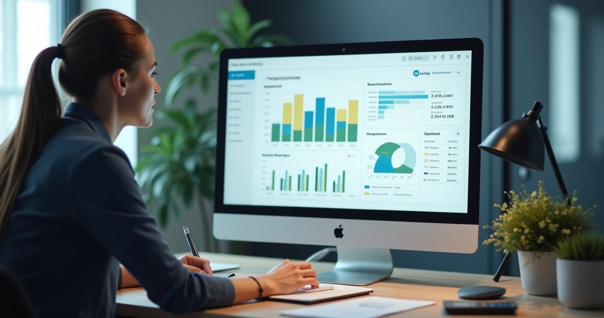 Tela de computador mostrando dashboard financeiro digital com dados integrados 