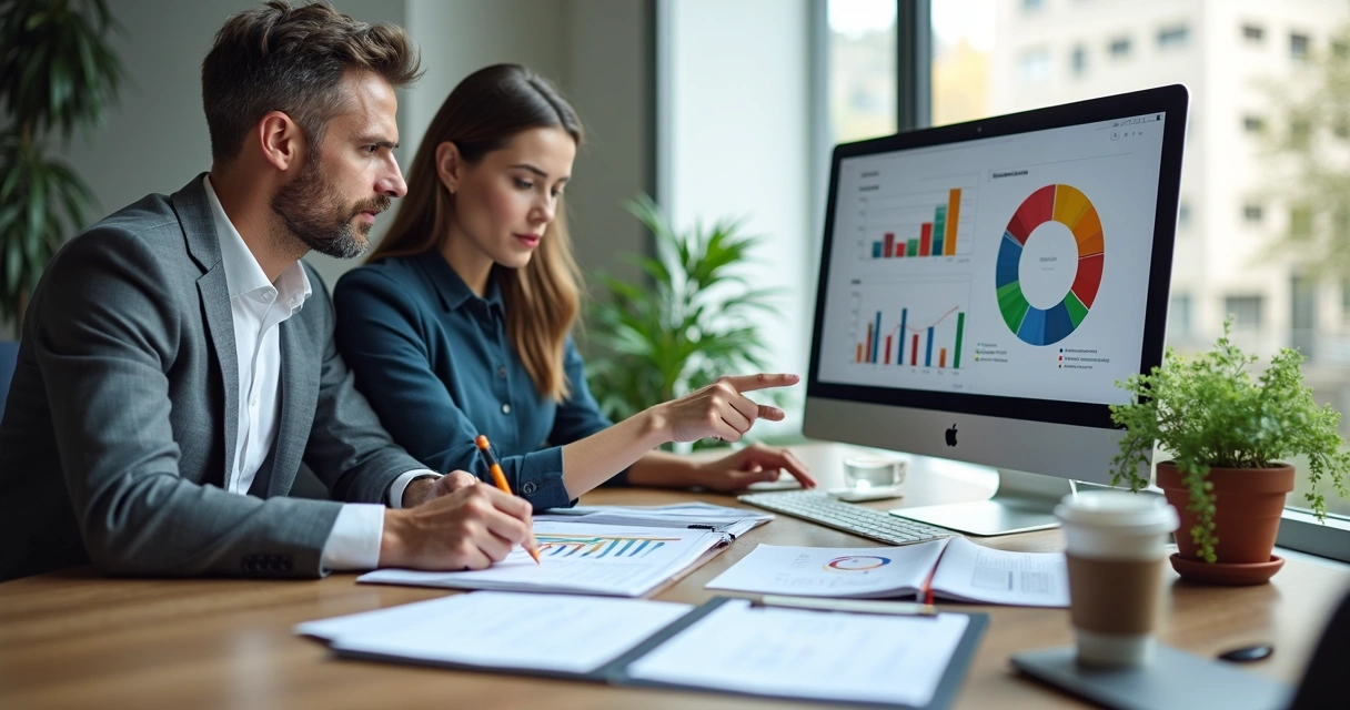 Planejador financeiro analisando gráficos em mesa organizada, com computador e documentos 