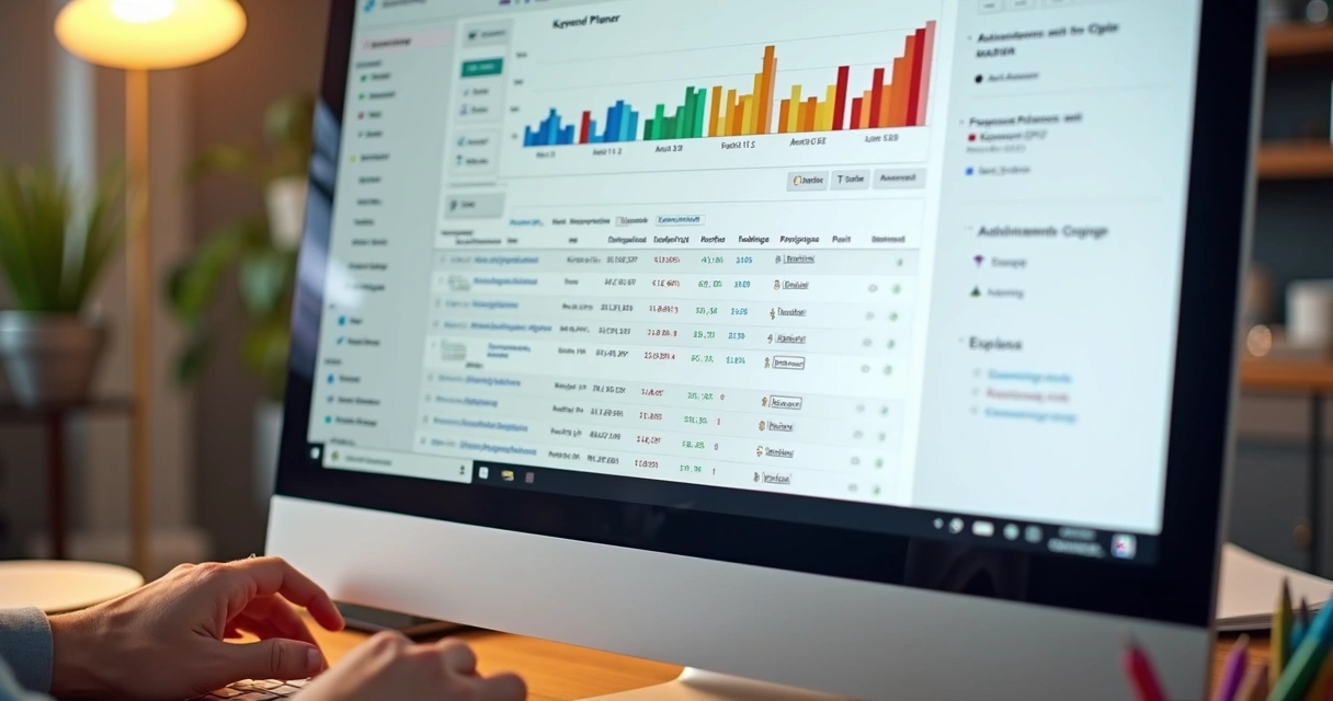 Tela simulada do planejador de palavras-chave do Google exibindo gráficos coloridos 