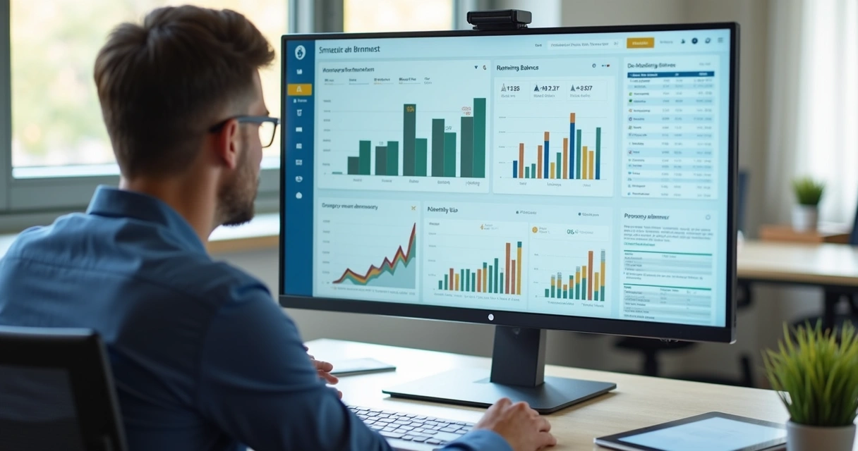 Planejador financeiro usando dashboard em tela grande, de perfil