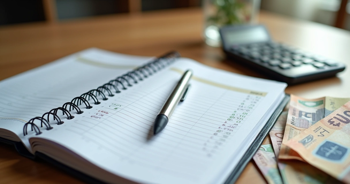 Mesa de trabalho com planejador financeiro aberto, caneta, calculator, e notas de dinheiro ao lado 