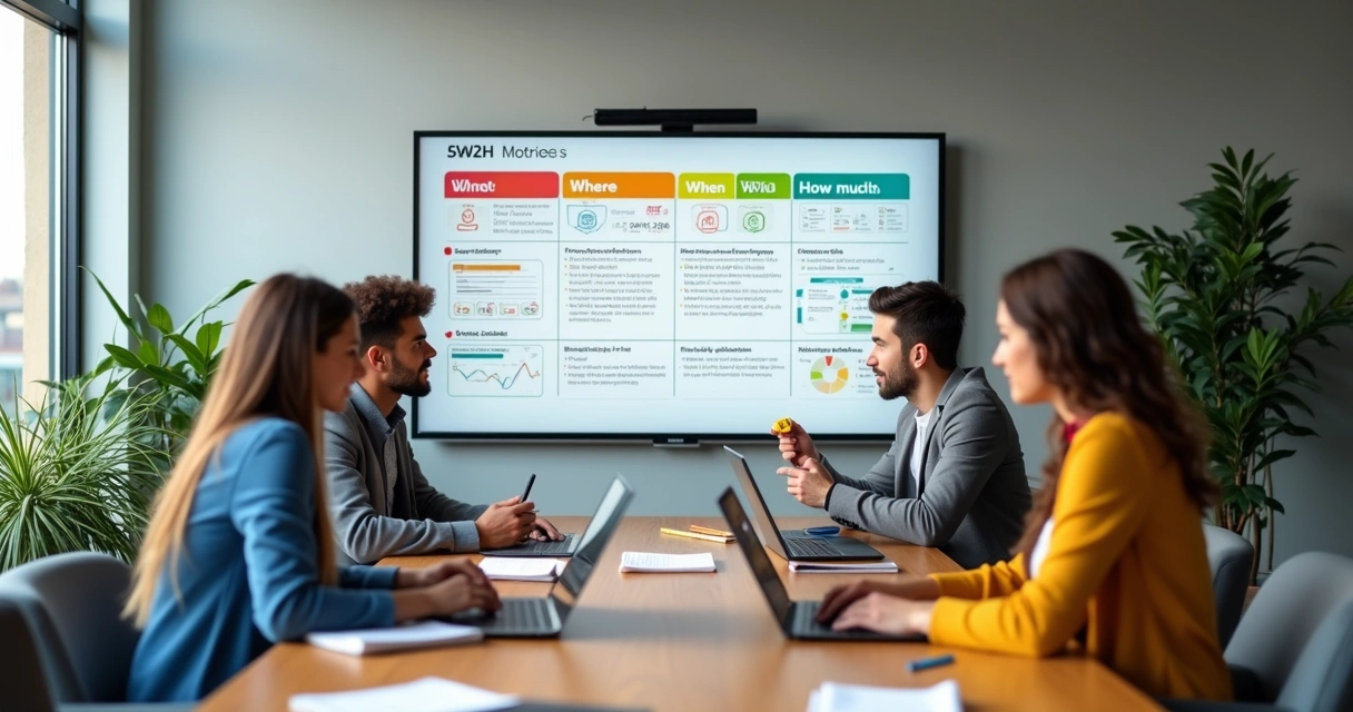 Mesa de reunião com equipe analisando quadro 5W2H e indicadores de metas 