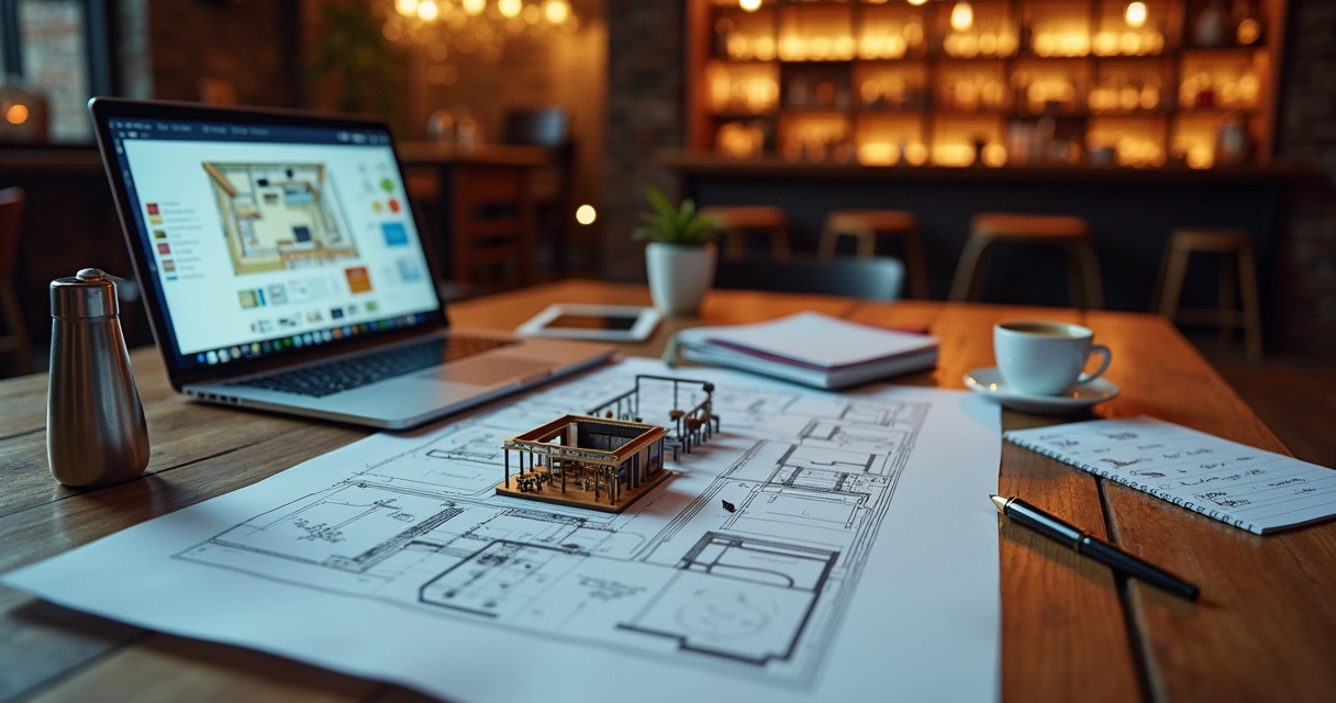 Empreendedor analisando planta de bar com maquete de balcão e móveis 