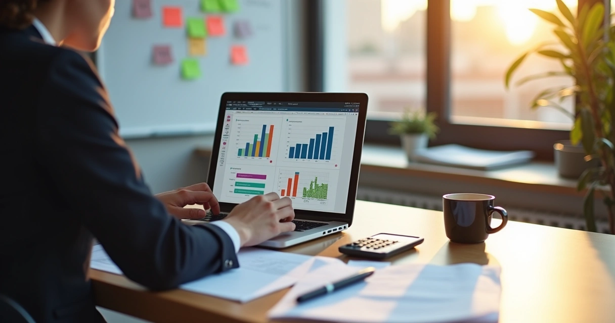 Empresário analisando planilhas no computador, papéis e xícara de café na mesa