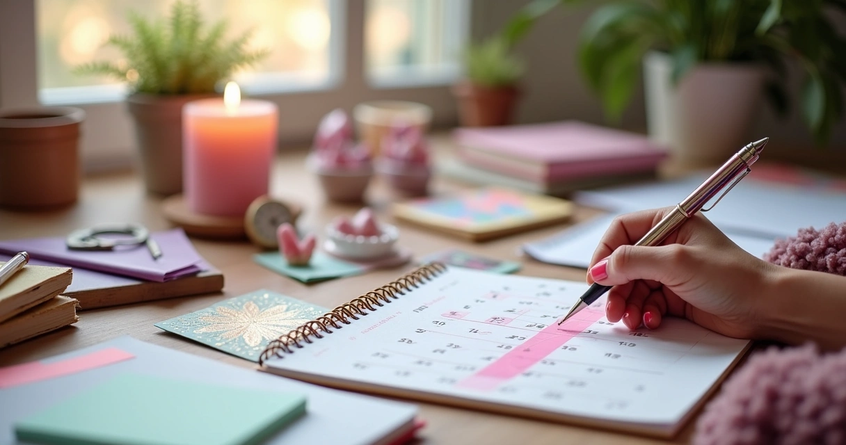 Pessoa analisando calendário e papéis de planejamento empresarial 