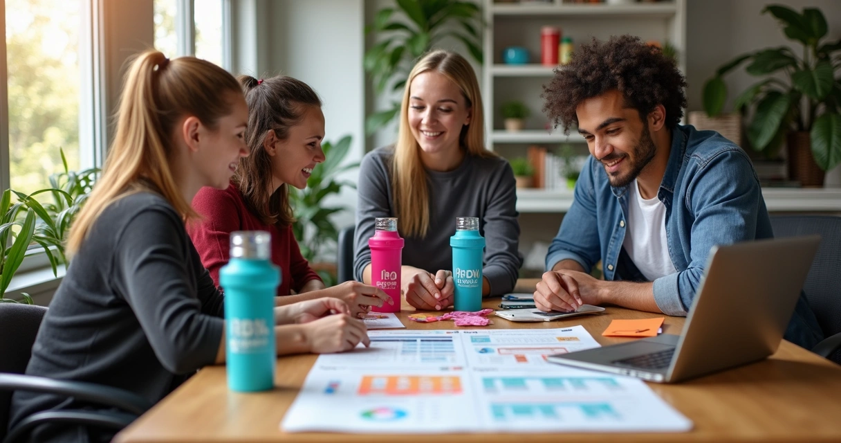 Mesa de planejamento com calendário, amostras de brindes fitness personalizados, laptop aberto e pessoas discutindo estratégia de marketing 