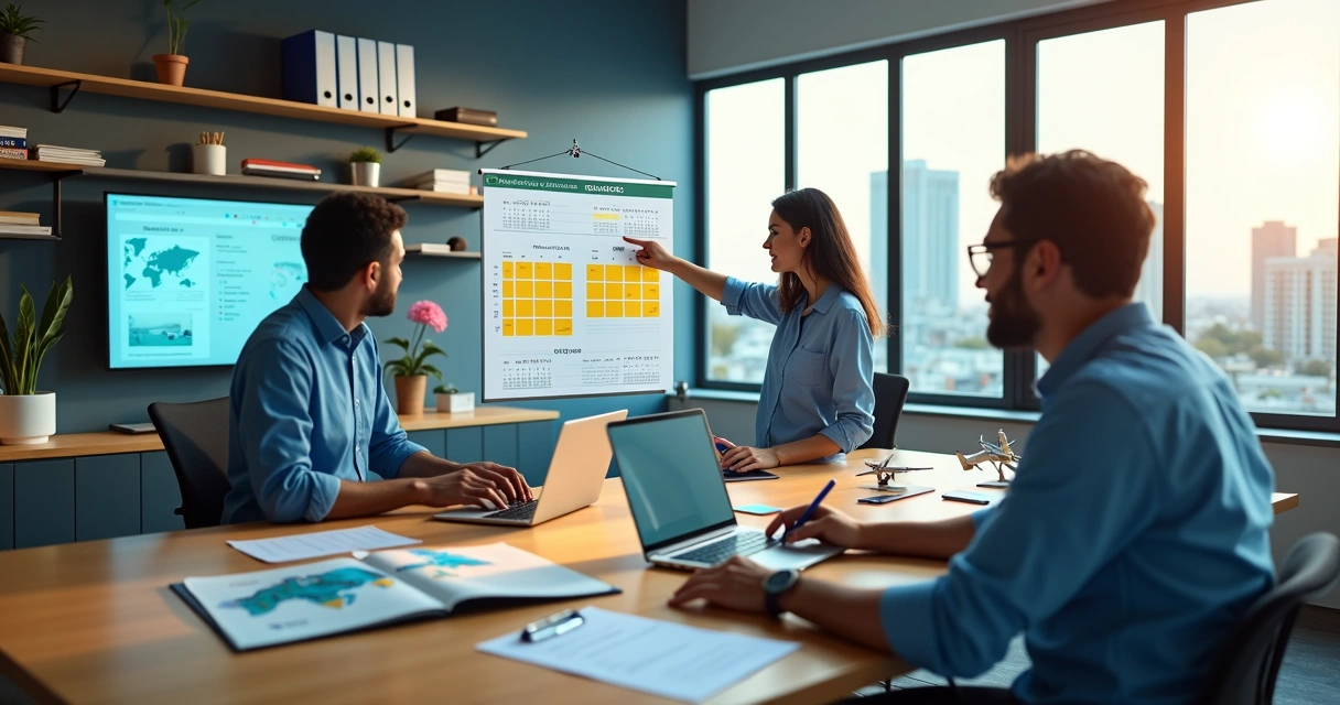 Equipe de agência de viagens planejando feriados prolongados com calendário de 2026 e gráfico de reservas em um escritório moderno 