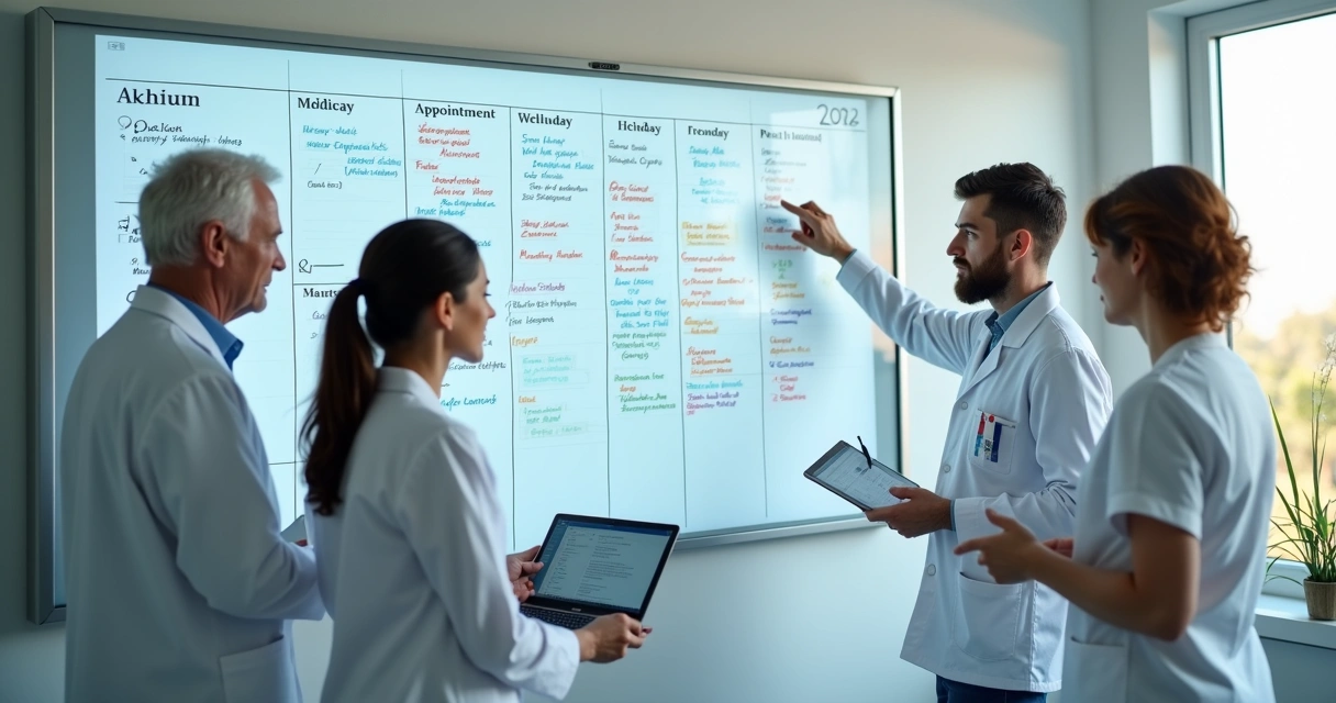 Equipe odontológica planejando agenda em quadro branco