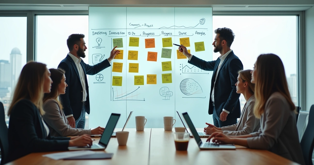 Equipe de negócios analisando quadro com post-its coloridos em reunião de planejamento ágil 