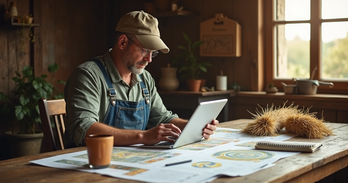 Produtor analisando mapas e planilhas na fazenda 