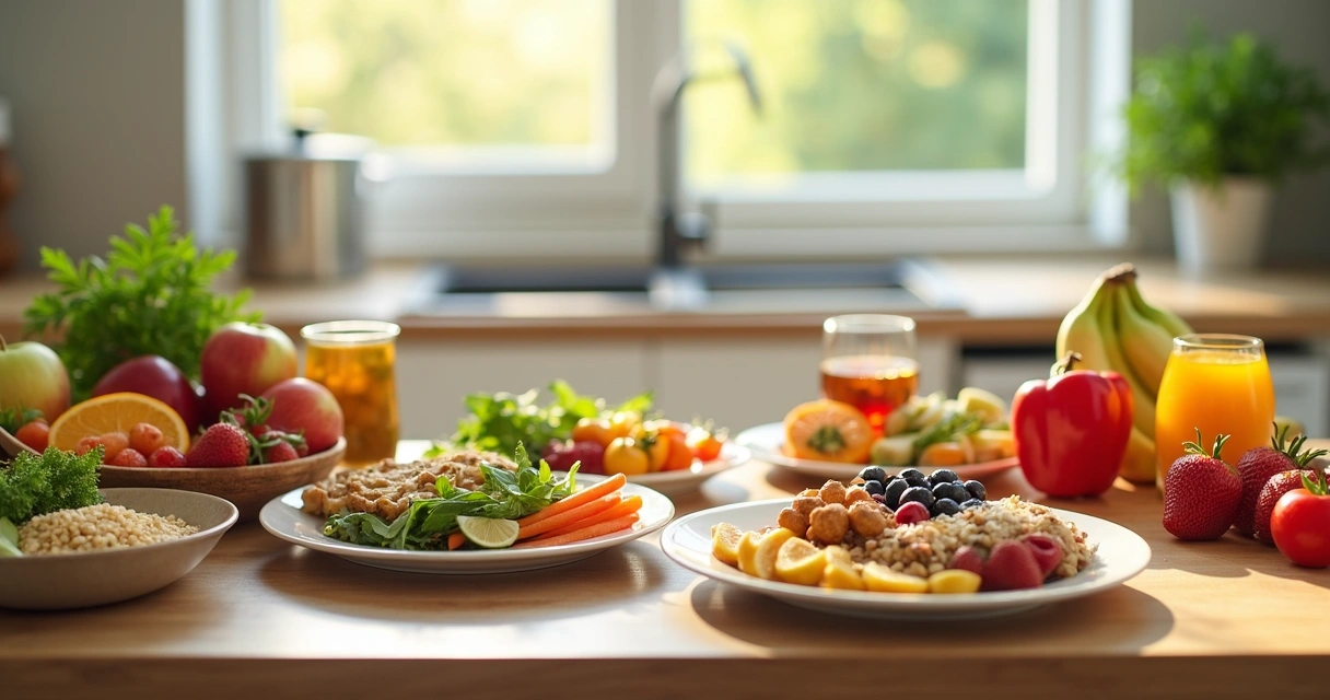 Mesa com frutas frescas, legumes, e pratos saudáveis organizados para uma refeição nutritiva 