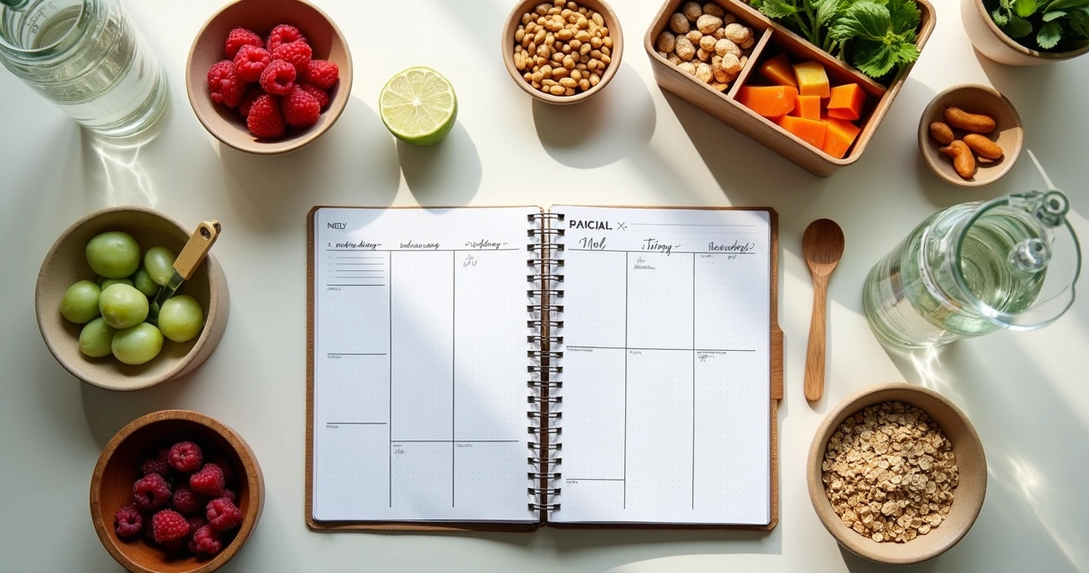 Planejamento alimentar semanal com frutas e anotações