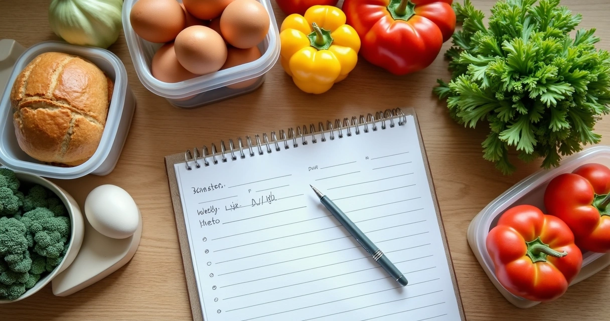 Mesa com lista de compras, frutas e potes para armazenamento