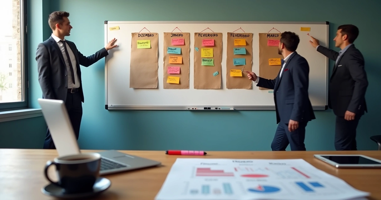 Mural com calendário de dezembro a março e cronograma de planejamento anual da empresa 