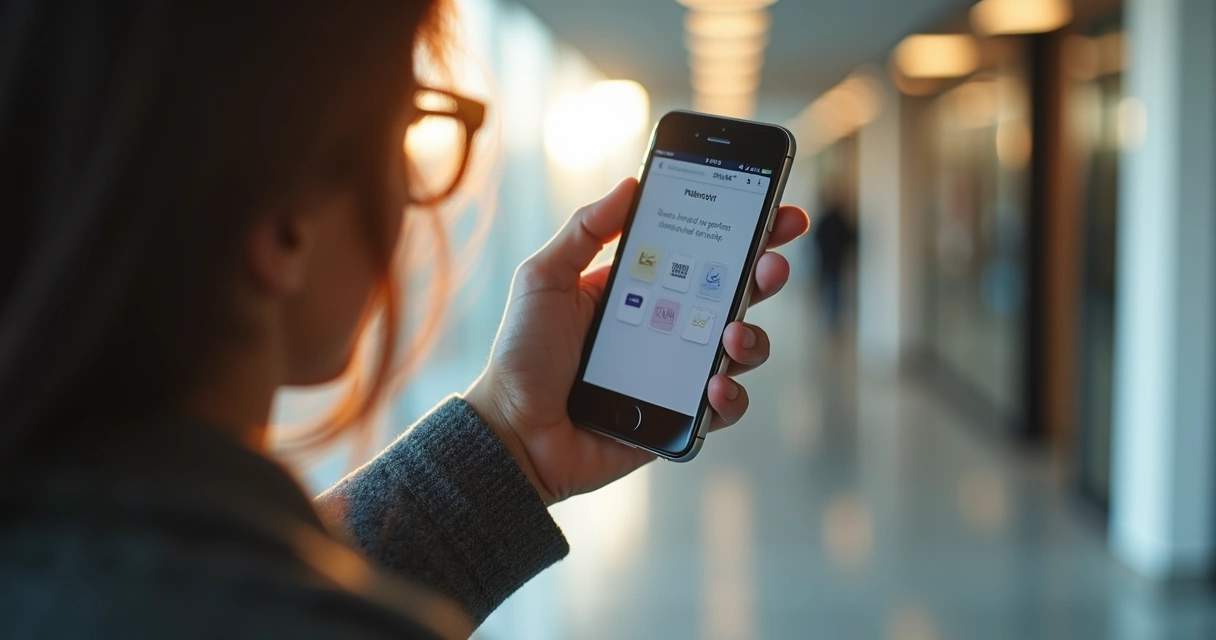 Pessoa usando smartphone com aplicativo bancário digital para planejar aposentadoria, em ambiente moderno e organizado, com luz natural e elementos financeiros ao fundo 