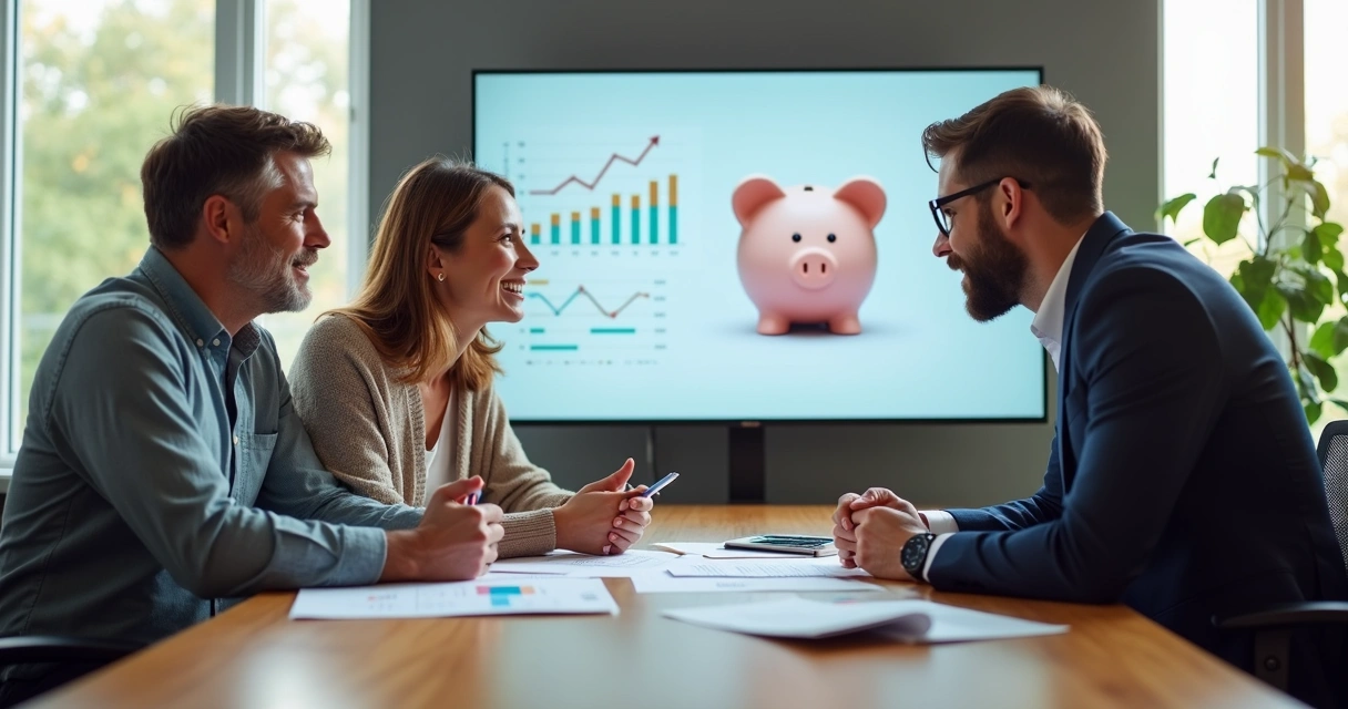 Profissional orientando um casal sobre planejamento financeiro para aposentadoria