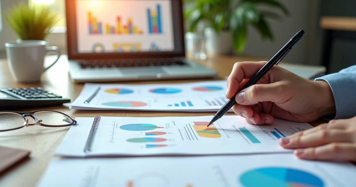 Mesa de trabalho com documentos financeiros, calculadora, laptop aberto exibindo gráficos de planejamento financeiro e mão escrevendo em caderno 