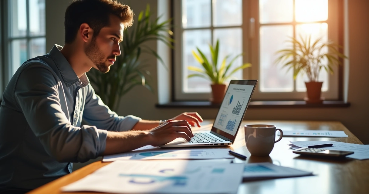 Homem com laptop analisando gráficos financeiros com documentos de planejamento de aposentadoria em mesa