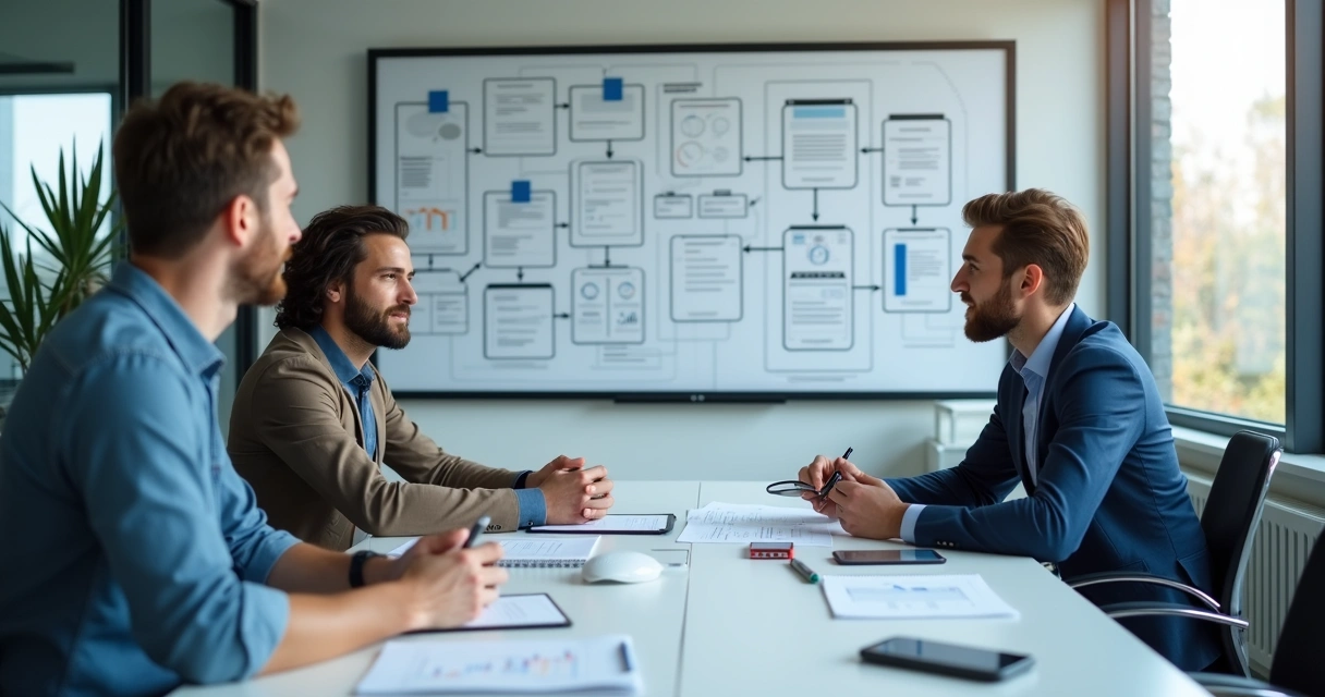 Equipe planejando fluxo de app empresarial em quadro