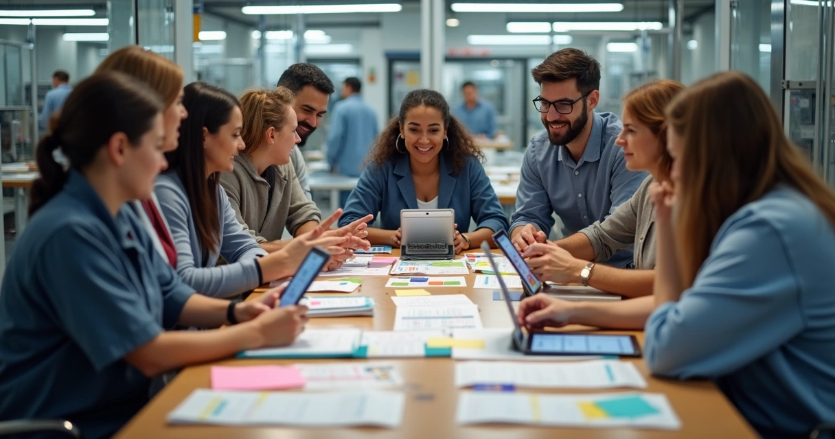 Equipe reunida com cronogramas e checklists na mesa 