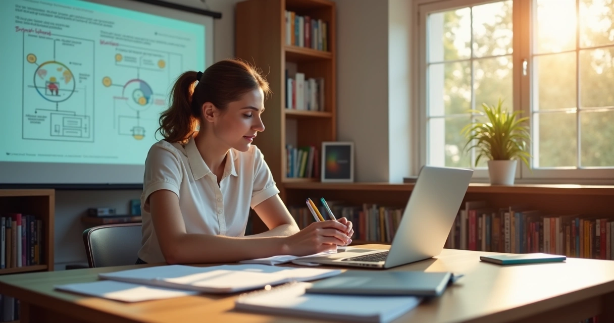Professor monta plano de aula com notebook ao lado de materiais escolares