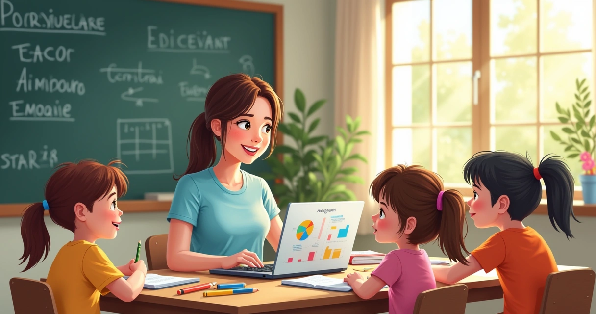 Professora planejando aula com computador e crianças olhando materiais escolares 