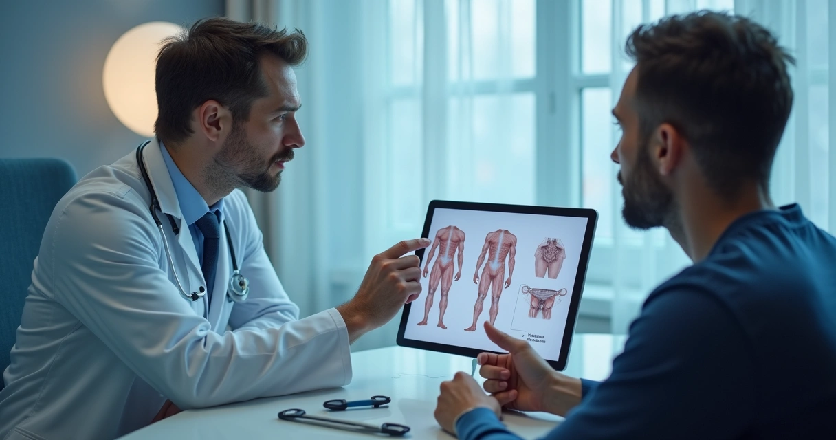 Médico explicando opções de tratamento em consultório moderno