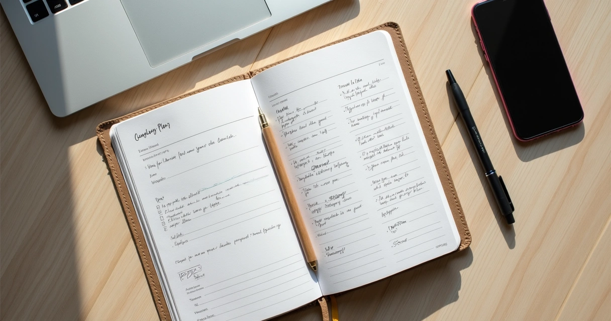Caderno com planejamento de autocoaching no trabalho remoto