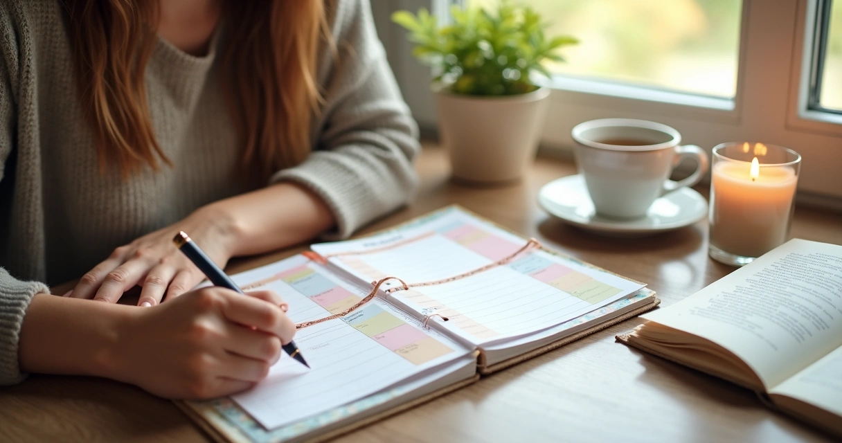 Pessoa organizando tarefas em planner rodeada de elementos de autocuidado
