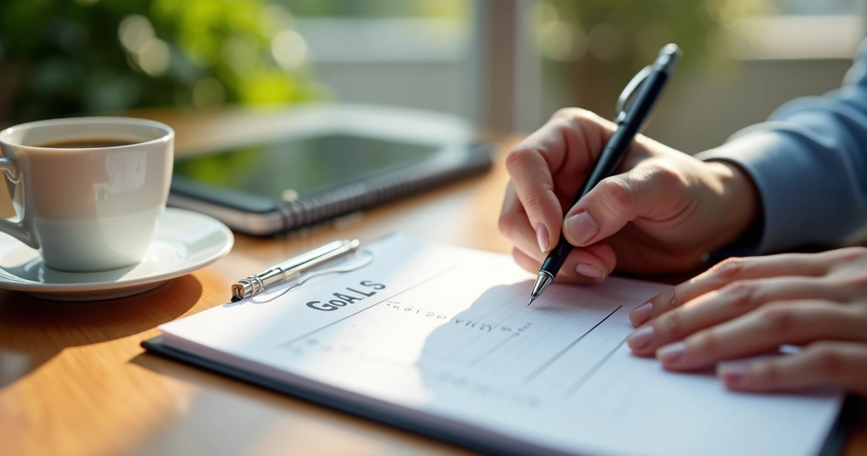 Mãos escrevendo metas em um caderno com café ao lado. 