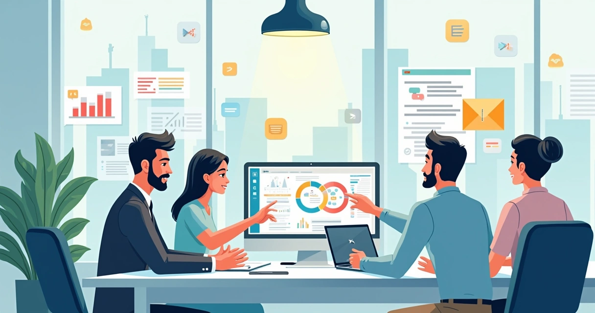 Equipa diversificada em escritório moderno planejando automação, com dispositivos e gráficos visíveis.