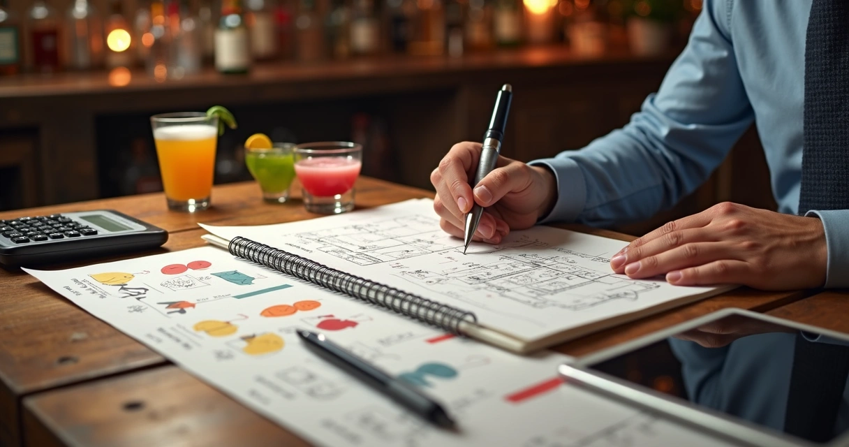 Mesa com bloco de anotações de plano de bar, lápis, cardápios e calculadora 