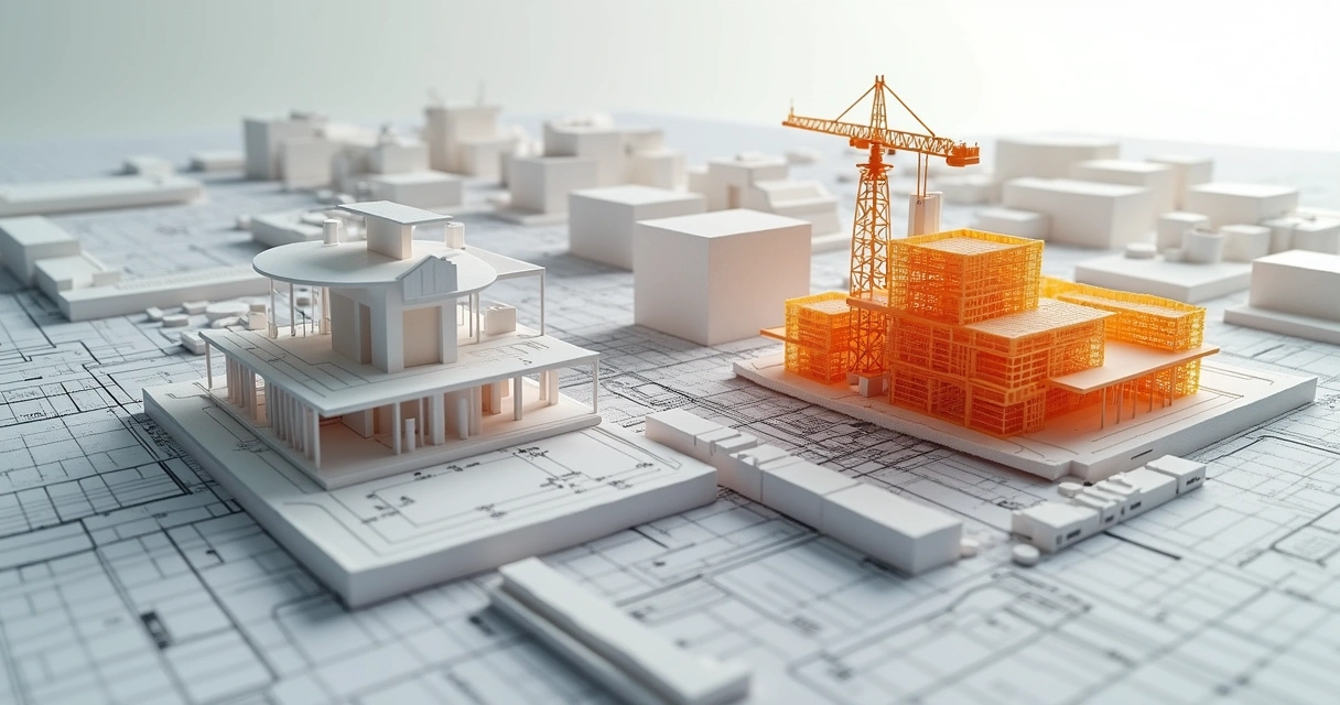 Comparação de planejamento de construção entre modelo 3D digital BIM e cronograma tradicional em papel sobre mesa de madeira 