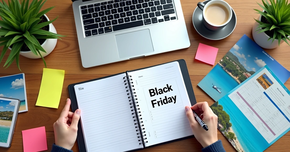 Calendário e anotações sobre planejamento para Black Friday em turismo 