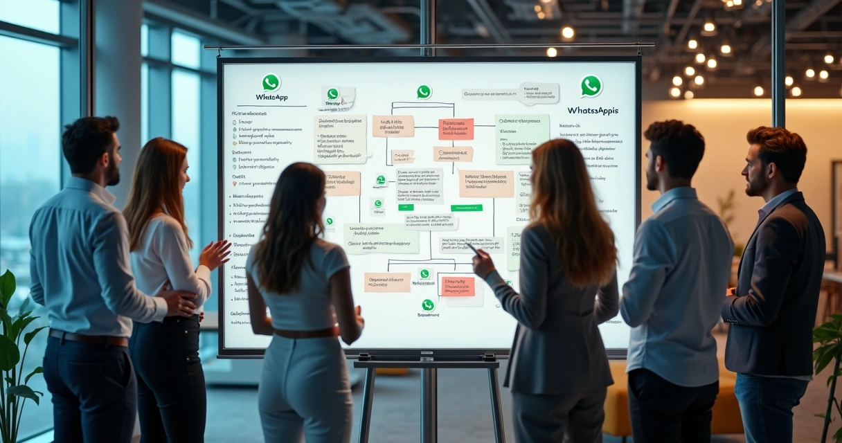 Profissionais de TI analisando fluxos de conversação em um quadro branco 